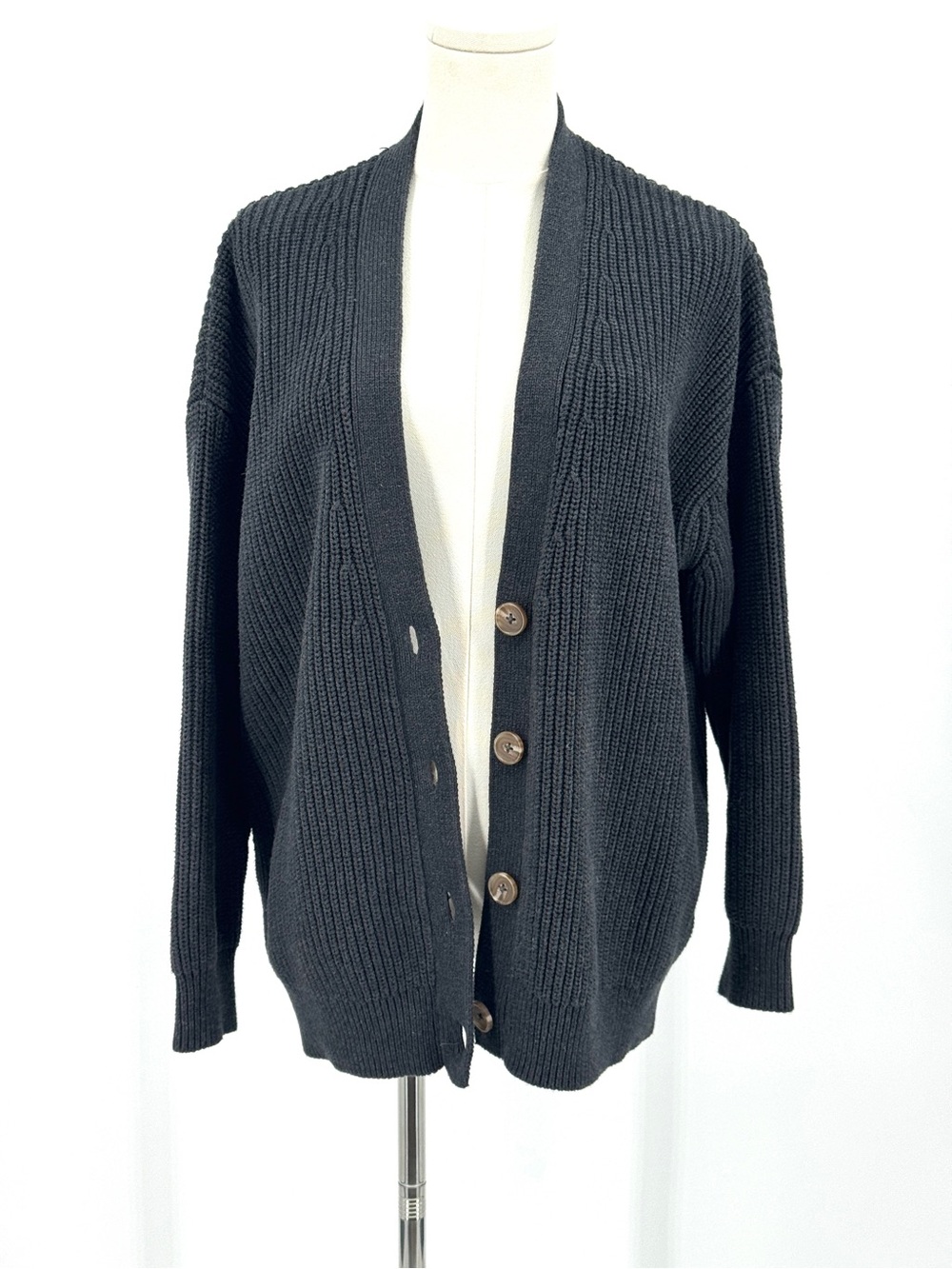 Quince Chunky Charcoal Ribbed Button-Front Cardigan Organic Cotton Sweater